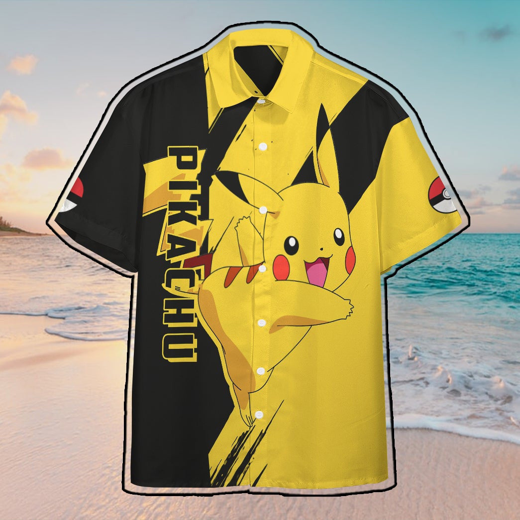 Anime Pkm Pikachu Custom Hawaii Button Shirt / S