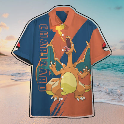 Anime Pkm Charizard Custom Hawaii Button Shirt / S