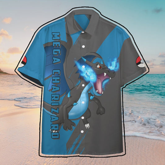 Anime Pkm Mega Charizard Custom Hawaii Button Shirt / S