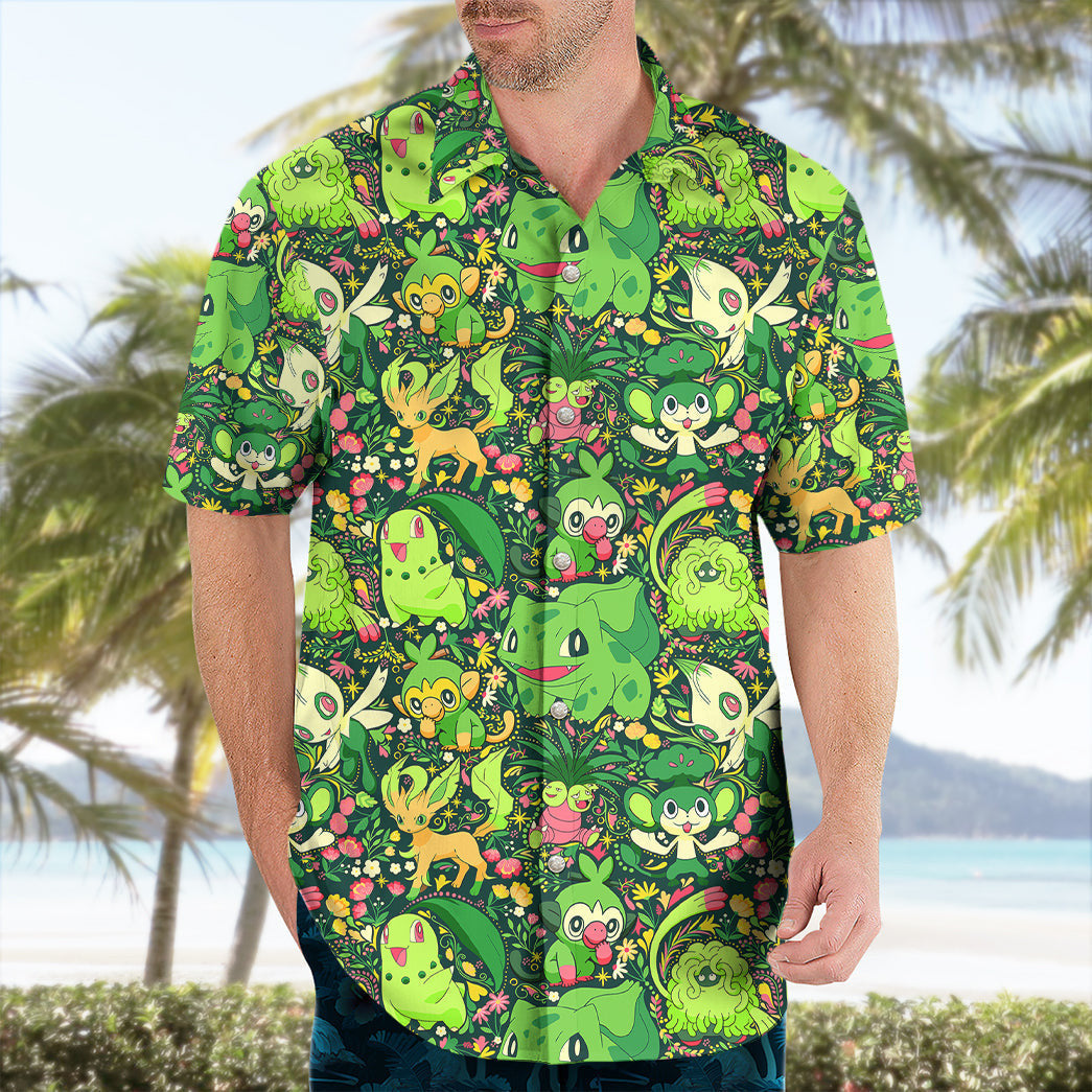 Anime Pkm Grass Seamless Pattern Custom Hawaii Button Shirt Bo1204223