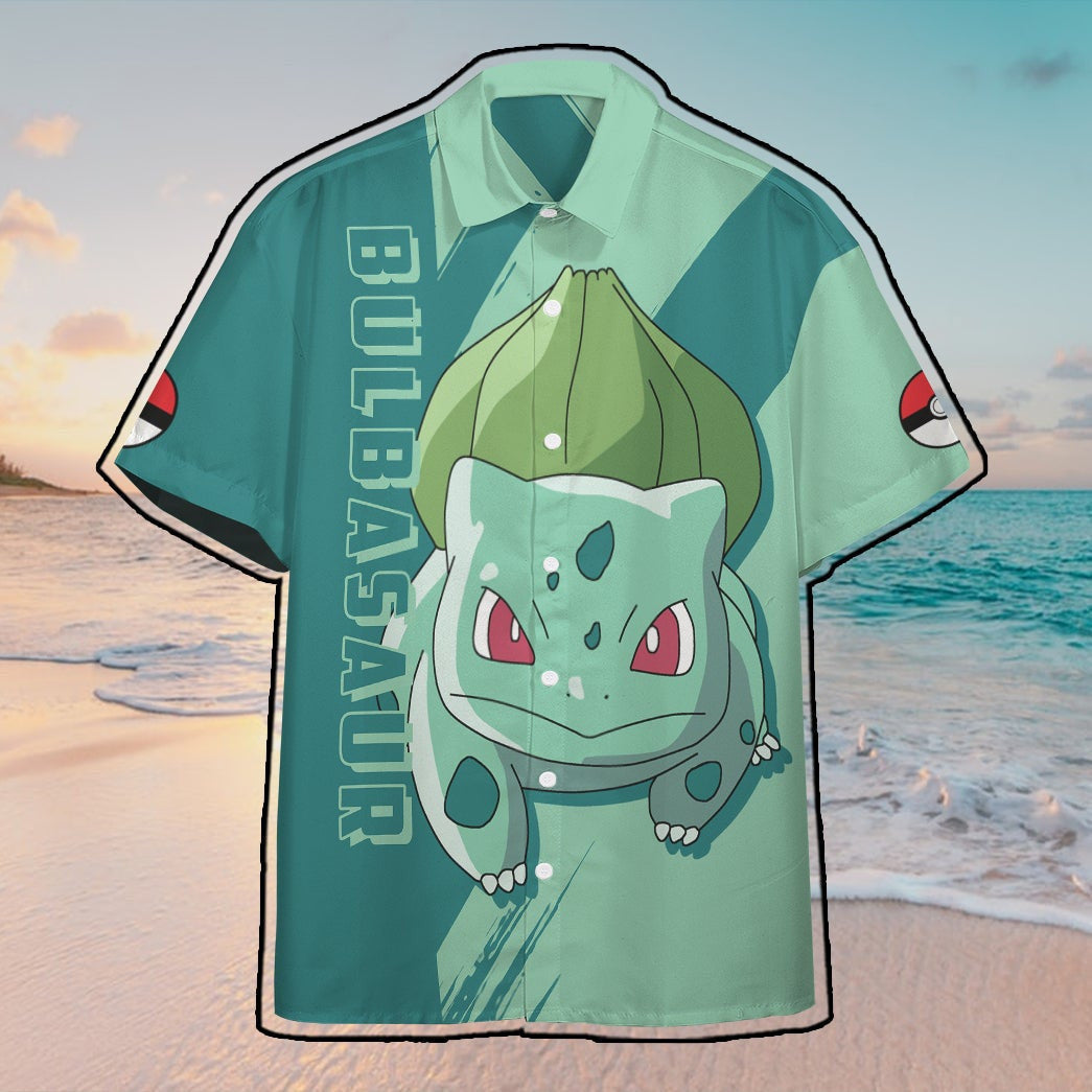 Anime Pkm Bulbasaur Custom Hawaii Button Shirt / S