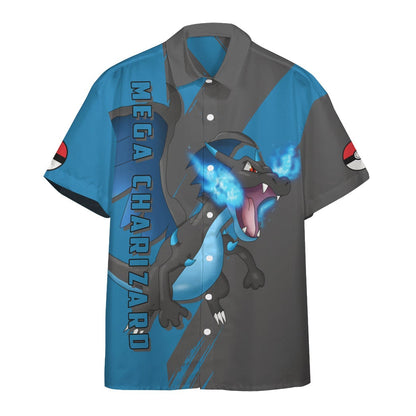 Anime Pkm Mega Charizard Custom Hawaii Button Shirt