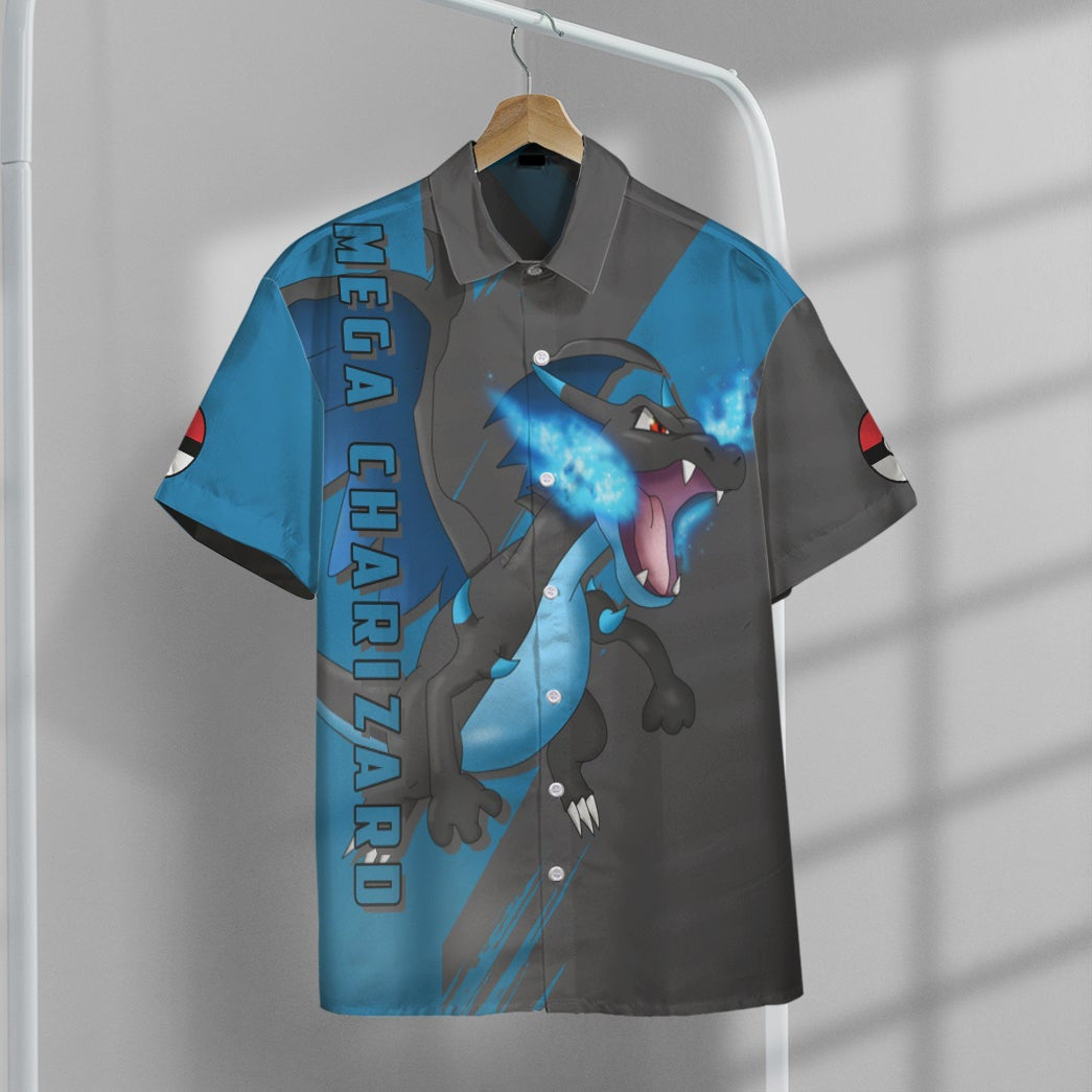 Anime Pkm Mega Charizard Custom Hawaii Button Shirt