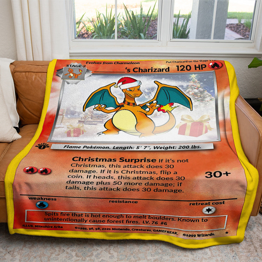 Christmas Charizard Custom Name Gift 2-Side Printed Thicken Soft Blanket